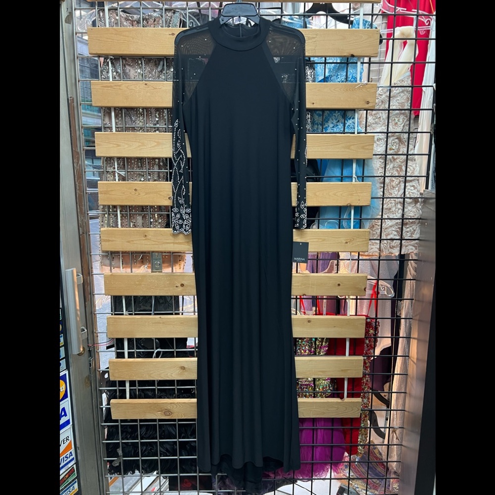 NWT,Marina dress Raglan Beaded Mesh Long Sleeve Crew Neck Jersey Sheath Gown - Picture 5 of 17